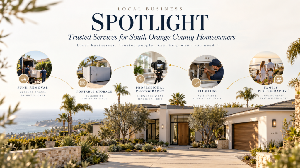 Garage cleanouts and trusted South Orange County homeowner services, including junk removal, portable storage, plumbing, and professional photography.