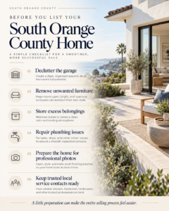 Garage cleanout services near me checklist for South Orange County sellers covering decluttering, storage unit options, plumbing repairs, and home preparation.